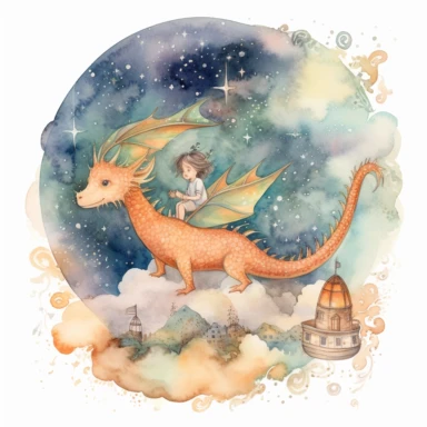 small child flying through the sky on the dragon's back. They can see the entire enchanted forest below them, and the stars twinkle above. watercolours, boho style, clipart