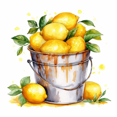 watercolor lemons in a metal bucket clipart, hd, on white background, spaced out –ar3:2 –s 1000