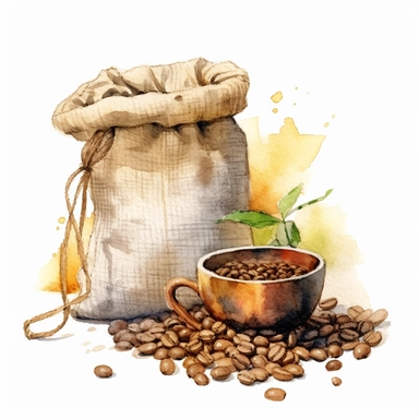 one Coffee beans in a bag Watercolor Clipart On a white background, in the style of realistic landscapes with soft, tonal colors, anselm kiefer, rim light, isolated figures, functional, fluid and loose, no watermark, text, words, paintbrush, typography, the images do not stick together