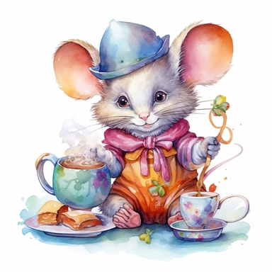 Whimsical Wonderland, clipart, cute mouse character, vibrant colours,Watercolor, Detailed, sweet, majestic, high resolition, isolated on a white background