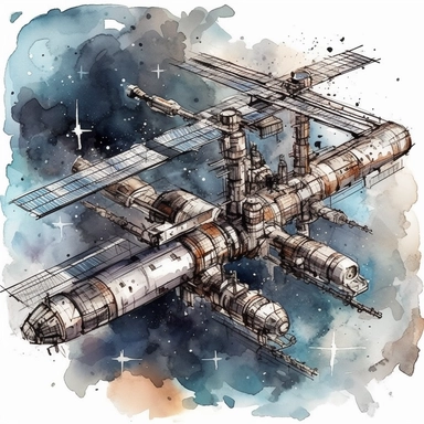 space station, watercolor, clipart, space in the background