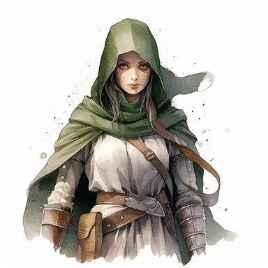 medieval woman warrior, stylish | COLOR THEME: dark green, olive green, army green, black, light pink | watercolor, clipart, hyperrealistic, white background