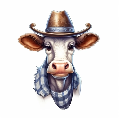 funny cow with cowboy hat sublimation clipart, hd, detail, illustration style, high solution, on the white background