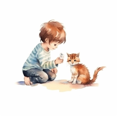 watercolor minimal hand draw doodle cat play with boy children cartoon illustration clipart sublimation, white background for removing background