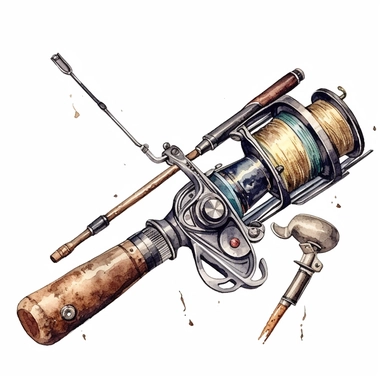 fishing rod clipart , watercolor illustration, realistic, isolated on the white background, vintage style, vibrant colors, realistic, very detailed, hd