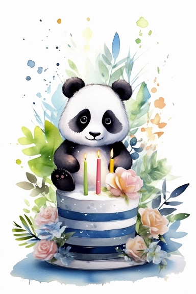 Create a watercolor clipart picture of a cute panda sitting next to a birthday cake, with small flowers and greenery. The panda should have a friendly and adorable expression, with its black and white fur depicted in soft watercolor textures. The cake sho