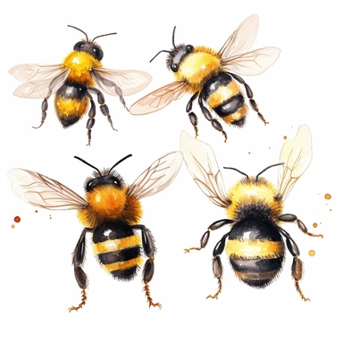simple bumblebees, 4 wings, four wings, basic, like a logo, iconic, wind, fanstasy, free brushstrokes, magical, watercolour illustration. colourful, white background isolated. aquarellist, fantasy, cute, clipart, cottagecore,