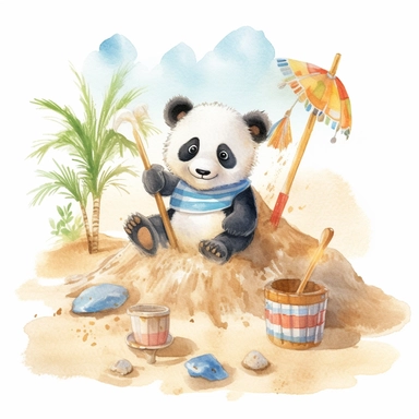Create a watercolor illustration clipart of a playful cute Baby Panda Making sand Castle on the beach, with its full body visible. Use soft, flowing brushstrokes and a warm, inviting color palette to create an image that is both charming and whimsical. Incorporate intricate details like the motion of Baby Panda Making sand Castle on the beach to create a lifelike, realistic image. Can add other elements to the illustration like related item to play to create playful scene. Use white background t