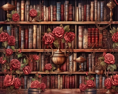Royal Steampunk ClipArt, background paper, wall paper style, library, rows of books and wooden bookcases, roses, Watercolor Steampunk PNG, Victorian Clipart, Fantasy Clipart, deep reds and burgundy's