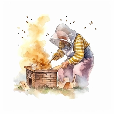 watercolor, A dynamic illustration of a beekeeper working with a smoker, releasing puffs of smoke around the beehive to calm the bees, with a hive tool and gloves visible nearby. (Digital drawing clipart, image black border color, full body, flat texture, transparent background)
