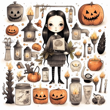 whimsical halloween clipart set, wednesday addams, pumpkins, candles, candies, ghosts, haunted house, coffin, white background