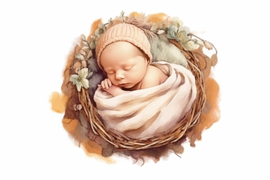 cute watercolor newborn boho woven macrame sleeping baby, isolated white background, babyshower clipart, 8k, bright beige boho colors