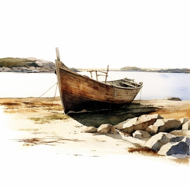 a boat by seashore, watercolor painting by ANDREW WYETH, clipart, white background
