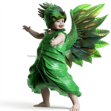 green baby girl Godzilla, looks like an alien, doing high step dance moves, wearing a designer dress made from Phoenix feathers , ultra high fashion, wearing ruby neck scarf, techno lighting, disney cuteness, plain white background, cutout clipart