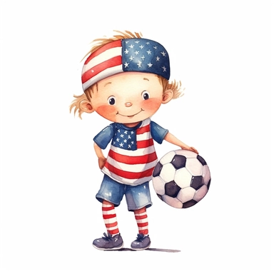 cute Watercolor cartoon happy team USA soccer player, clipart, white background