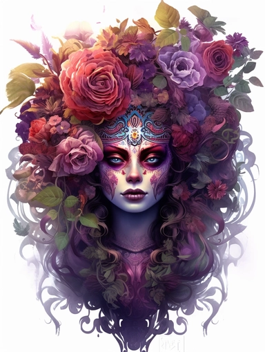 Very 3d sugar skull woman with florals, in the style of fantasy art, 32k uhd, tim shumate, dark magenta and gold, luminous atmosphere, fantastical street, luminous, clipart png, photorealistic, watercolor, digital painting, WHITE BACKGROUND, fantasy style, realistic, painting, 8k, ultra details,