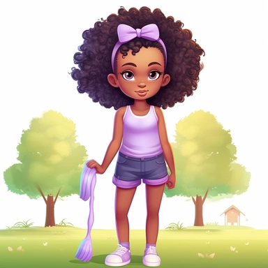 clipart little black girl drawing with curly long ponytails with pink bows long lashes hazel eyes green tank top shirt with baggie blue jeans and white tennis shoes standing in the park holding purple popsicle