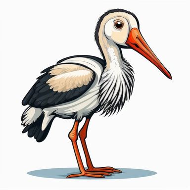 A clipart for kids with a cute baby stork animal motif in frontal view on white background. The animal motif is depicted in bold colors