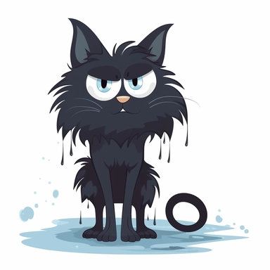 shaggy cartoon style wet black cat with a wide eyed, desperate look, begging to be let insisedsilhouette vector flat simple identification symbol white backround white background minimalistic clipart png svg
