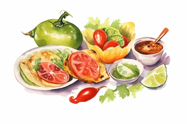 Watercolor, Colombian, Hispanic cuisine, clipart, hd, on a white background, spaced out