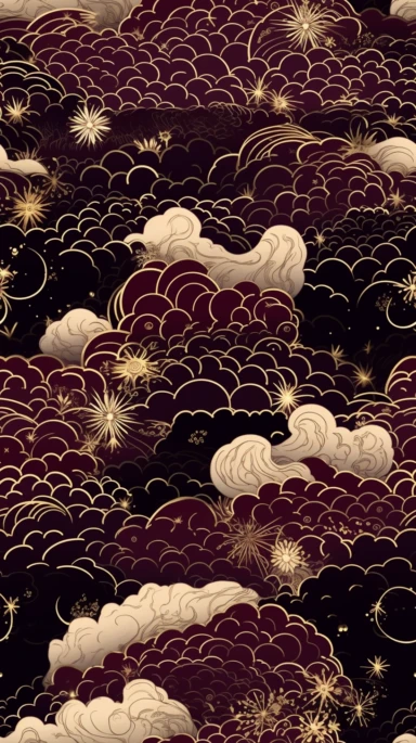 pattern of moon stars and clouds, clipart line drawing in gold ink on dark burgundy background