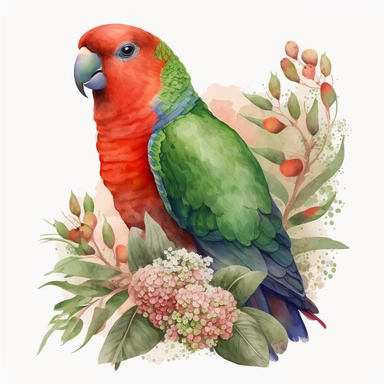 watercolor clipart of a cute Australian King Parrot bird with big eyes, native flowers, no background. Sharp face of animals. Adorable. High quality.