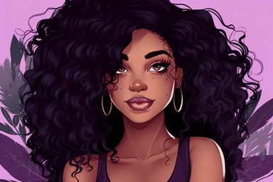 Violet Cartoon Black Skin African American Clipart Plus size Beautiful Rich Woman having beautiful face long eyelashes and beautiful lips beautiful long hair confident no text