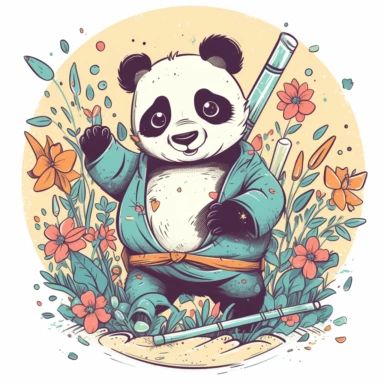 a happy panda with a bamboo shoot and a martial arts belt, depicted in a whimsical, cartoon style, surrounded by colorful flowers and butterflies. The mood of the artwork is cheerful and playful, with a soft pastel color palette. The lighting style is bright and sunny, evoking a warm and inviting feeling. clipart design graphic, vector, contour, super cute, isolated white background, high quality, 2d, flat