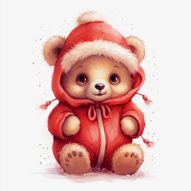 cute happy Baby teddy bear in red christmas Santa suit clothes, clipart, no words