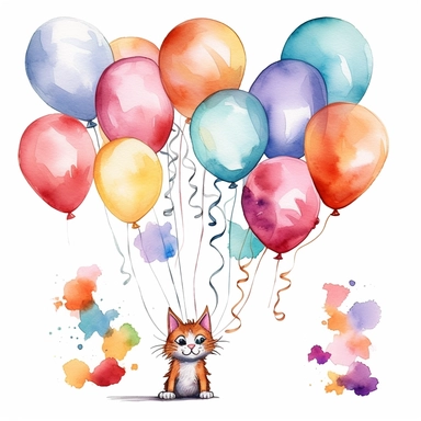 flying cat tied to a balloon clipart, balloons lined up side by side clipart , party balloons clipart, birthday party centerpiece, watercolor clipart