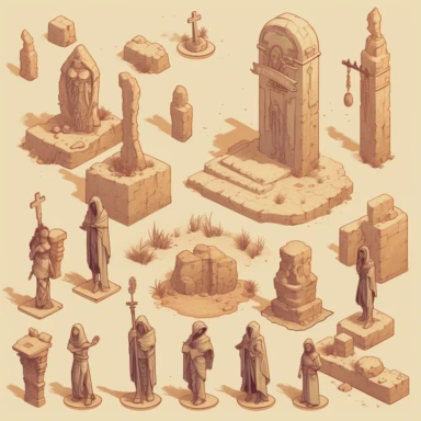 desert statues honoring past heroes or holy figures of the templars, video game asset, isometric, top down, isolated figures, hand drawn, level art, atmospheric effects, spatial concept art, muralist, clipart, ps1 graphics, deconstructed objects, 2d, plain background