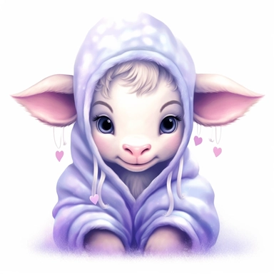 a shy baby cow in hoody Clipart, covered in hearts, Nursery summer Clipart, Easter Clipart, Crafting Digital Paper, purple and blue backlight Mother’s Day, white background