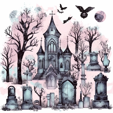 pastel Gothic cemetery things clipart on white background