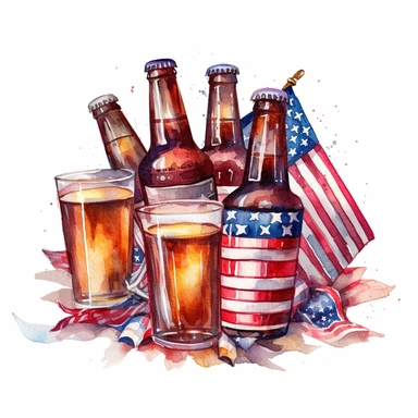 Fireworks, shades of American flag, patriotic, beers, celebration, aquarelle, clip art illustartion