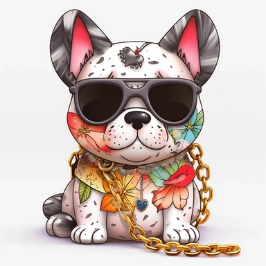 funny kawaii French Bulldog Puppy with Balenciaga sunglasses and cool necklaces,cute illustration, clipart, white backgound, Cuttable Design,full body French Bulldog head using light neutral muted colors, feathers, boho style background, watercolor drawing, incorporating elements like feathers, dreamcatchers, or floral patterns, UHD