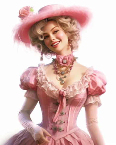 detailed smiling beautiful lady , dressed in a pink victorian vintage dress with necklace, hyper realistic, 8k, isolated on white backgorund, clipart