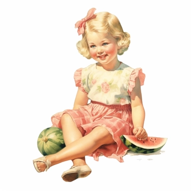 vintage adorable little girl eating watermelon, full body, pastel beige colors, clipart style, accurate details, watercolor technique, super high quality, professional watercolor clipart, high resolution
