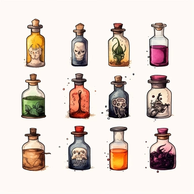 Witches inventory, witchcraft, labels, flasks, elixir, illustrated clipart, minimalist, isolated white background, 8k