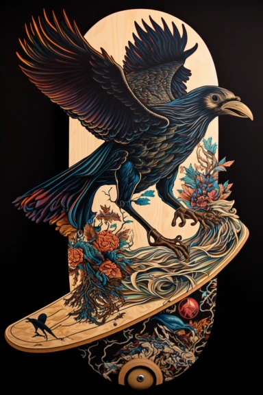 a painting of a standing cartoon Crow riding kanagawa wave on a longboard surfboard, behance contest winner, psychedelic art, paisley, beautiful waves in sea, james jean and clyde caldwell, clipart, hi - fructose art magazine, katherine lam, artgram, marc newsom, sovietwave,