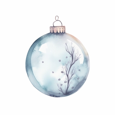 Minimalistic watercolor, hand drawn sketch, adorable, single bubble ornament, Christmas clipart, grey and blue pastel colors, white background