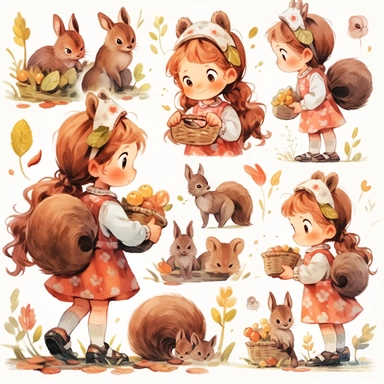 squirrel and Acorn, Little girl exploring, character sheet, illustration for book, children's book, 2 clipart, fiorucci angels, beautiful decoupage paper, pastel colors, white background clipartm, fantasy art, squirrel ears, perfect eyes, detailed body, Watercolor Clipart, strybk, full Illustration, 4k, sharp focus, watercolor, smooth soft skin, symmetrical, soft lighting, detailed face, concept art, watercolor style, strybk, children's style fairy tales, chibi kawaii, Octane rendering, 3d. Perf