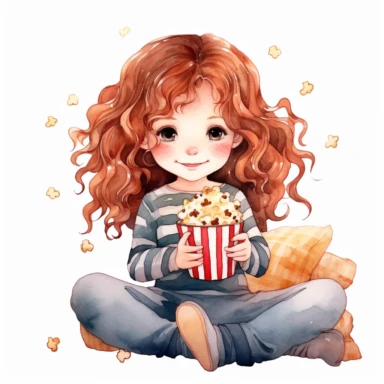 Cute girl enjoying movie night with popcorn watercolor Clipart