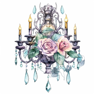 Make a clipart of a fairytale watercolor victorian chandelier, rococo, with bright pastel colors of blues and green, pink roses, gold accents, black outlines, hd, white background