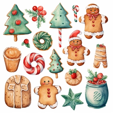Watercolor xmass sugar cookies, illustrations clipart set, simple, christmas colors, cartoon elements, different variants, , separate elements with a margin