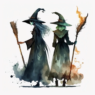 halloween witches with broomsticks. some cartoonish design and some watercolor. and some of both. white background. no tags. CLIPART!!