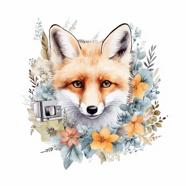 one foxe with floral crown clip art trên nền trắng, in the style of fujifilm gw690iii, appropriated images, detailed nature depictions, no watermark, text, 300 DPI , typography, shapes do not stick together, no text in the picture, on a white background