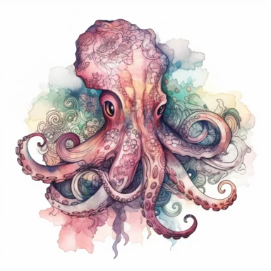 png boho style clipart on a white background of a mesmerizing watercolor clear-lined illustration. The composition is central with a clear outline using bold and saturated complementary colors. In the style of Studio Ghibli, the illustration is realistic and detailed depicting an octopus in boho style with boho pink as main color