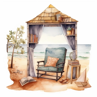 COZY semi-realistic scene of a small reading nook on the beach in a wide landscape, romantic atmosphere, wide angle view, transparent background, watercolour clipart illustration style, dreamy, intricate, illustration, detailed , 8k, png, clipart style, deep colour