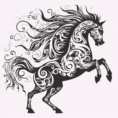 entire body dancing fire horse dragon. grinning. screaming. 4 legs. thrashing tail. profile view. black only, flat image, no shadows, no depth. black and white only. tribal animal clipart, laser cut design, white background, black cutout design
