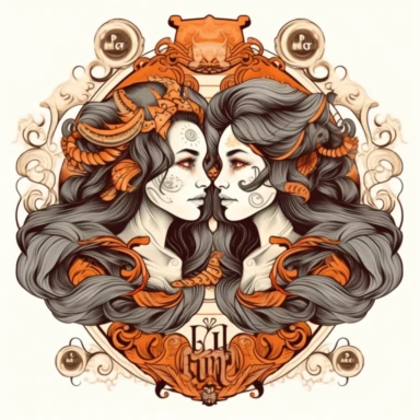 old style fire gemini zodiac, vector design illustration, in the style of detailed heavy metal embroidery, hand-painted details, Horoscope Clipart, isolated white background